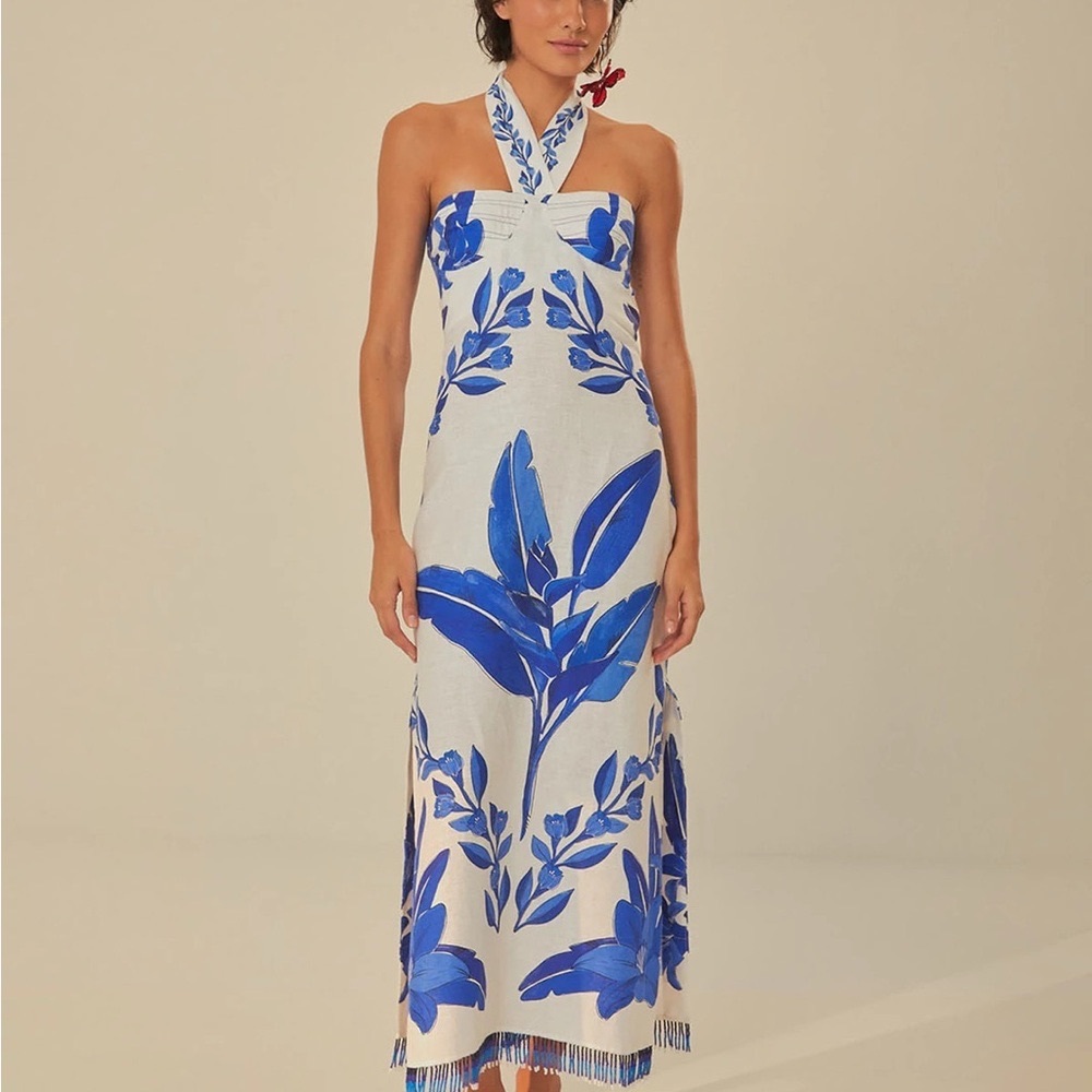 NWT FARM Rio Blue Yard Linen Halter Dress